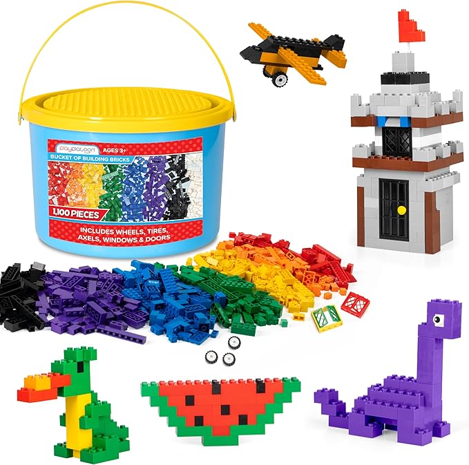 Play Platoon 1100 Pieces Building Bricks Set - 10 Classic Color Blocks - Bulk Building Blocks Compatible with Major Brands 14 Different Shape Bricks - Includes Wheels Tires Axles Windows &amp Doo