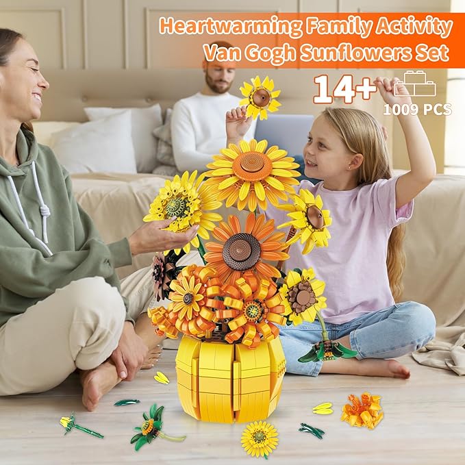 Flowers Sunflower Building Sets for Adults Van Gogh Prints Art Botanical Collection for Woman Girls 14+ Artificial Pot Bouquet Plants Kits Home Decor/Christmas/Valentine/Mother's Day Birthday Gifts