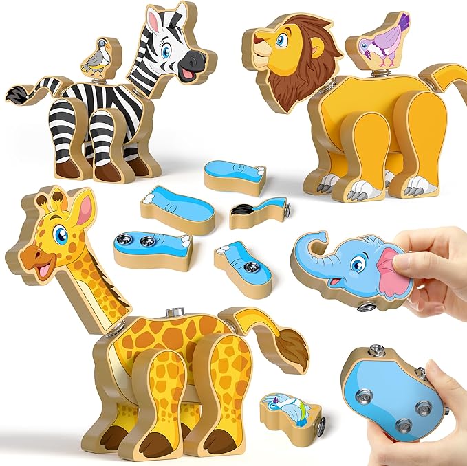 Coogam Wooden Snap Together Building Toy Take Apart Construction Builders Assembly Animal Building Blocks STEM Fine Motor Learning Toy Gift for 3 4 5 Years Old Kids