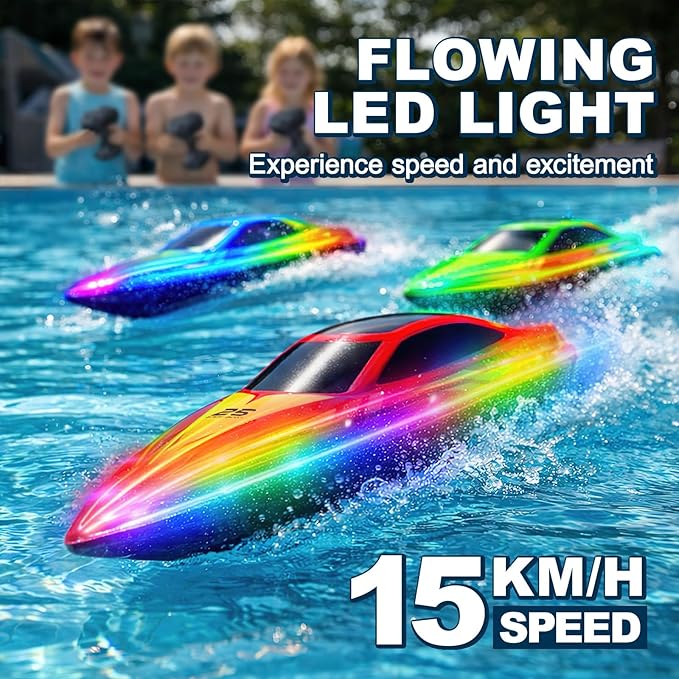RC Boat with 7-Mode Colorful LED Lights10 Inch Remote Control Boat15KM/H High Speed2.4GHz3 Speed Modes2 Rechargeable BatteriesAuto Flip RecoveryPool &amp Lake Racing Gifts for Kids &amp Adult