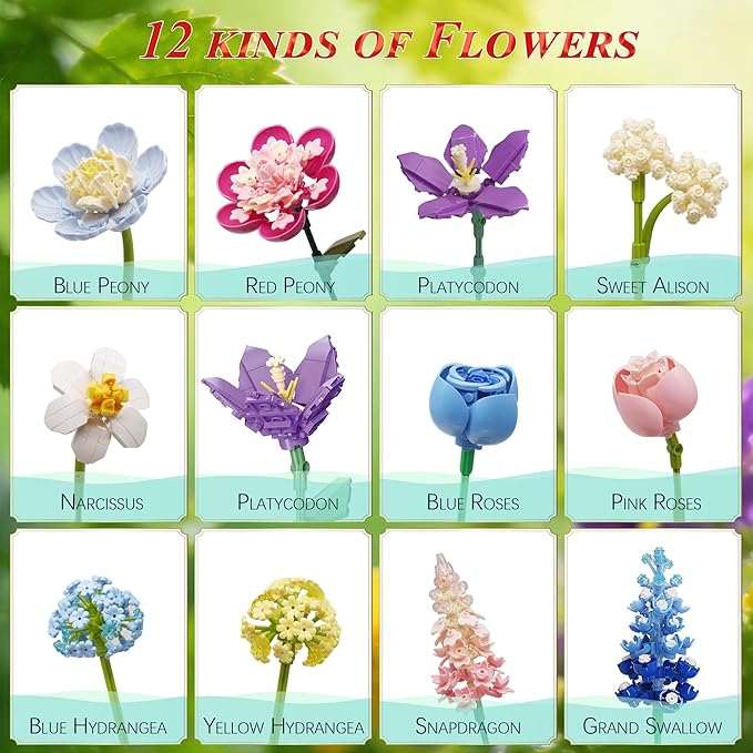 Flower Building Set for Adults.880-Piece Artificial Bouquet Set Compatible with Lego.DIY Floral Building Toy for Ages 8+.Romantic Flower Bricks Kit for Lover.Baby.Mother.Home Decor &amp Gift
