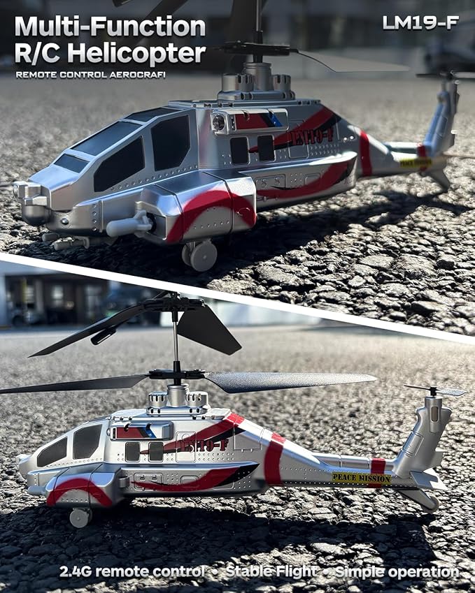 RC Helicopter with 10 Missiles LM19-F 2.4GHz Remote Control Helicopter for Beginners and Adults LED Lights Altitude Hold One-Key Take Off Gifts for Military Fans (2 Batteries)