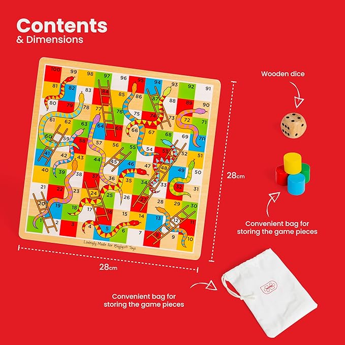 Bigjigs Toys Traditional Snakes and Ladders Game | 4 Player Wooden Board with Counters &amp Dice | Family Toy for Kids &amp Adults | Educational Tool for 3+ Year Old Children | Classic