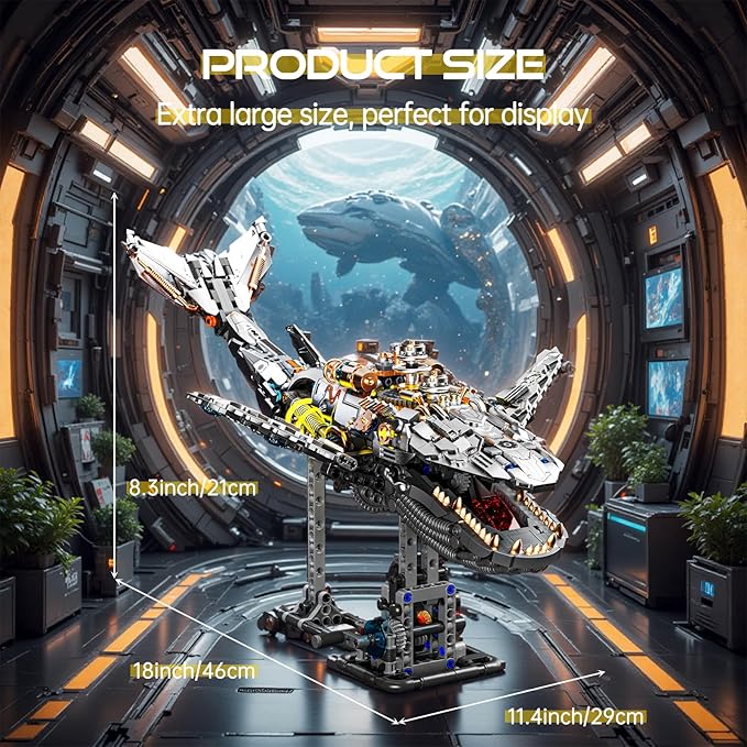 Mechanical Whale Building Set Sea Animal Building Block Toy Movable Ocean Animal with Display Stand Home Decor Gift for Adults Teens（1388PCS）