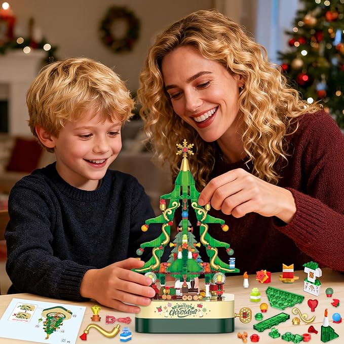 Shemira 594 PCS Christmas Tree Building Block Toy Set Rotating Christmas Music Box Toy Building Sets for Kids Boys Girls Teens Christmas Toys Decoration for Kids Adult Green