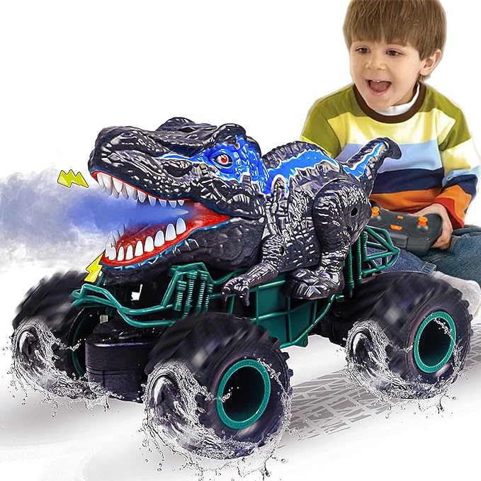 Dinosaur Remote Control Car 2.4GHz RC Mega Monster Truck Toys for Toddlers Dinosaur Toys with Light Sound Spray Christmas and Birthday Gifts for 3 4 5 6 7 8-12 Kids BoysAll Terrain RC Cars