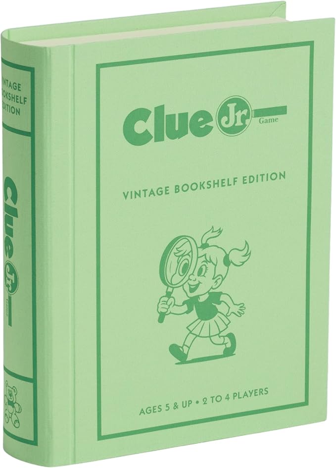 WS Game Company Clue Jr. Vintage Bookshelf Edition: The Case of the Hidden Toys – Linen Fabric Wrapped Book Storage Case – Clue Junior Mystery Board Game for Kids and Families (2-4 Players Ages 5+)