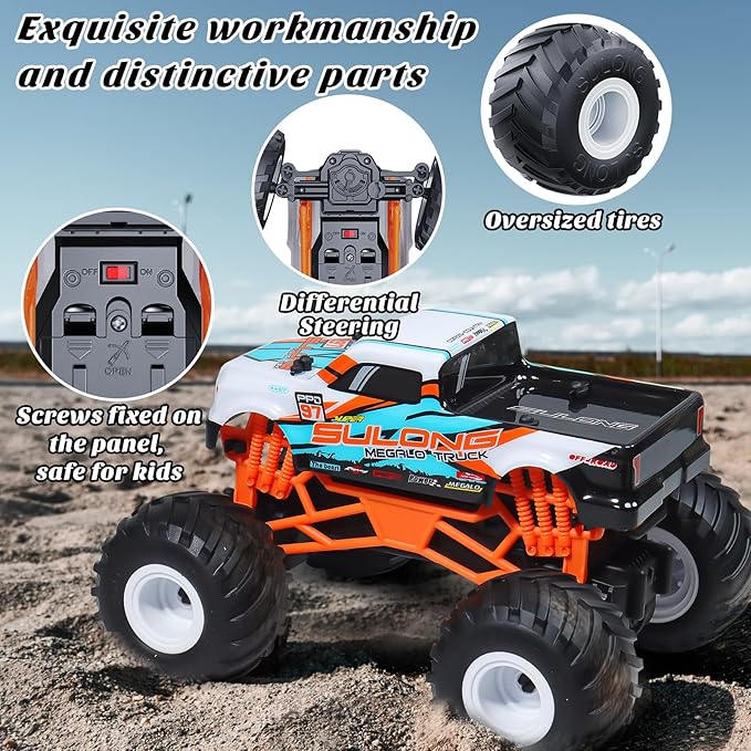 Remote Control Car 1:16 Scale RC Monster Truck for Boys 2.4 GHz All Terrain RC Cars for Boys Girls 4-7 8-12 20 Km/h Off Road RC Truck Christmas Birthday Gift for Kids and Adult Orange