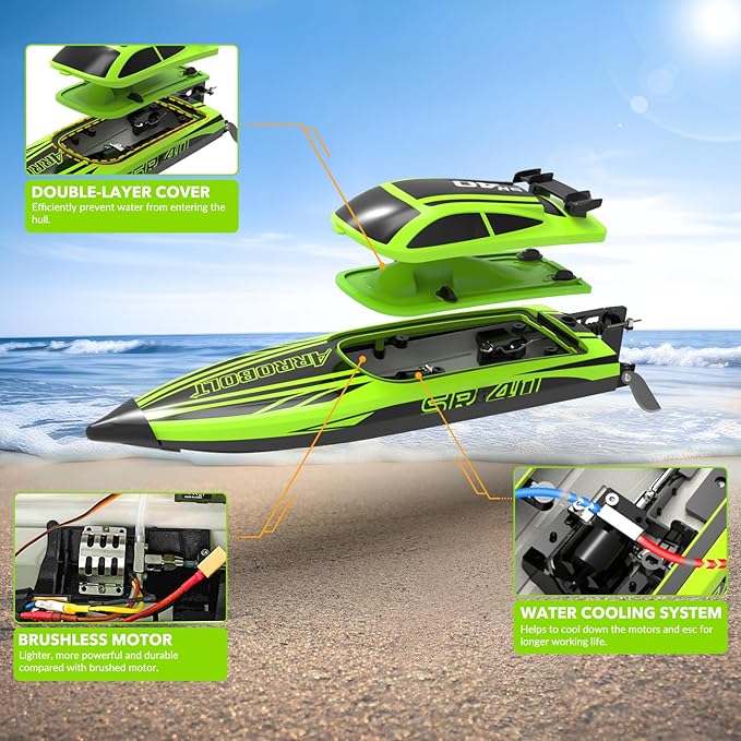 volantexrc Brushless RC Boats for Adults 30+MPH Fast Remote Control Boat with 2 Rechargeable Batteries for Lakes 30+ Mins Full Proportional Boats High Speed RC Boat for Adults (79705 Green)