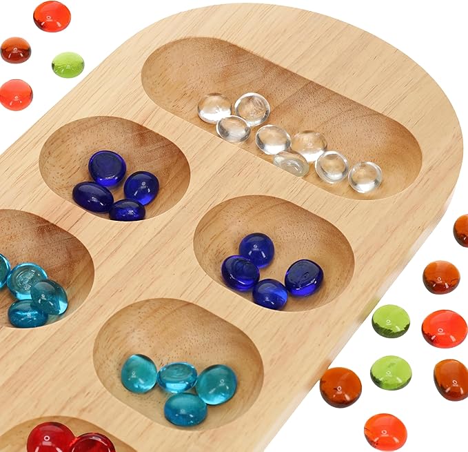 WE Games Classic Mancala Board Game 22 inch Large Natural Wood Board with Assorted Glass Mancala Stones African Stone Game Table Top Décor