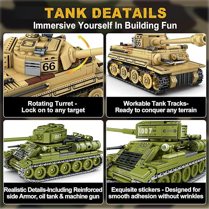 Sosuy WW2 Building Block Army Tank-Sets for Boys Men 1:32 Movable German Tiger &amp Soviet T-34 Military Toys for Kids Ages 8+ Mini Cannon Vehicle Model History Birthday Gifts for Teen Girls 1030 Pi