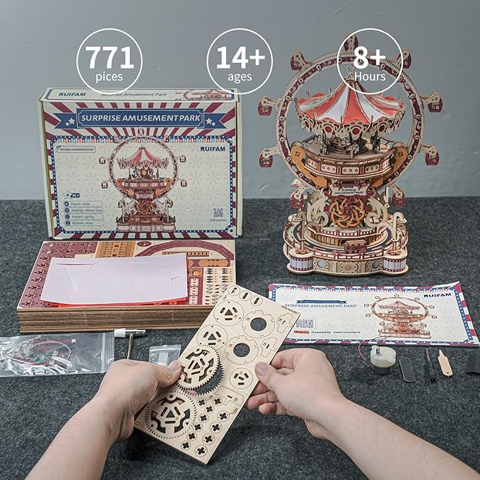3D Puzzles for Adults Wooden 3D Puzzle Model Surprise Amusement Park Music Box Toys Building Kits DIY Wood Crafts Cool Toy Hobbies for Men Women Creative Assembly Gifts