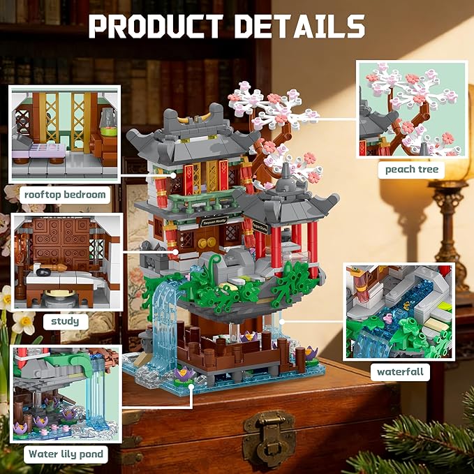 Peach Blossom Bonsai Tree House Building Set with Light 3 in 1 Compatible with Lego Japanese Architecture Model Collection for Adults Girls - 1095PCS