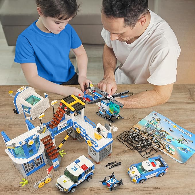 982Pcs City Police Station Building Toy Set - 6-in-1 Emergency Rescue Center with Police Car Boat Helicopter &amp Motorcycle - STEM Police Playset Gift for Kids Boys Girls Ages 6-12