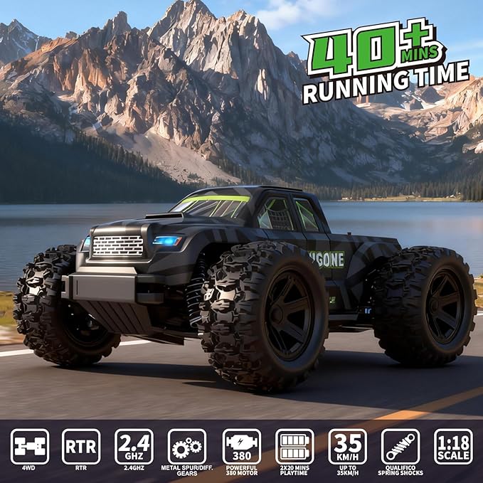 JT18W 1/18 Scale Fast RC Cars for Adults High Speed 35KMH 4WD with 2.4 GHzHobby RC Trucks Monster Remote Control Truck Off RoadAll Terrain RTR Remote Control Car with 2 Bettery
