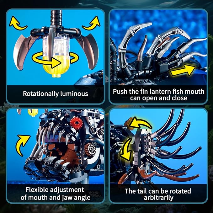 Mechanical Angler Fish Building Set with Light Creative Ocean Lantern Fish Animal Toy for Home Office Decor Compatible with Lego Shark STEM Gift for Adults Teens Boys 8-14+ (1038 PCS)