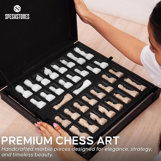 Marble Chess Set 15 Inch Handmade Travertine &amp White Luxury Board Games for Adults Elegant Table top Board Game Travel Chess Pieces &amp Storage Box for Gifts &amp Home Decor