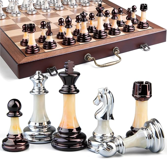 Deluxe Chess Set 16.5'' Wooden Large Folding Chess Board Game with Handle Weighted Acrylic Chess Pieces - 3.5 King with Storage Slots for Beginners Professional Players