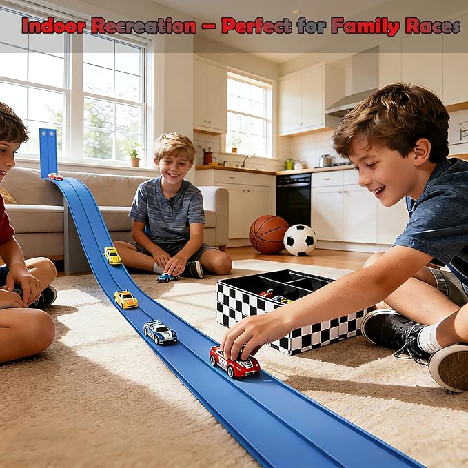 Flexible Race Track 15 Ft Starter Set Flex Tracks for Kids 3+ with Strong Suction Cups Flexible Car Race Ramp Track Compatible with Hot Wheels and Diecast 1/64 Cars Portable Rolls Up Race Tracks