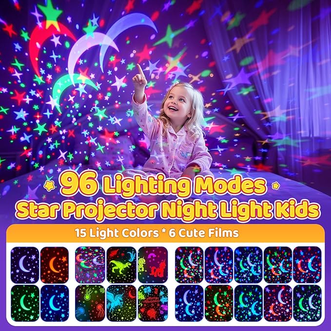 PIKOY Night Light for Kids 90 Modes+6 Films+Dimmer+Timer+Remote Kids Night Light Projector Rechargeable Built-in Battery+360° Silent Rotation Butterfly/Princess/Mermaid Room DecorGirl Toys/Gifts