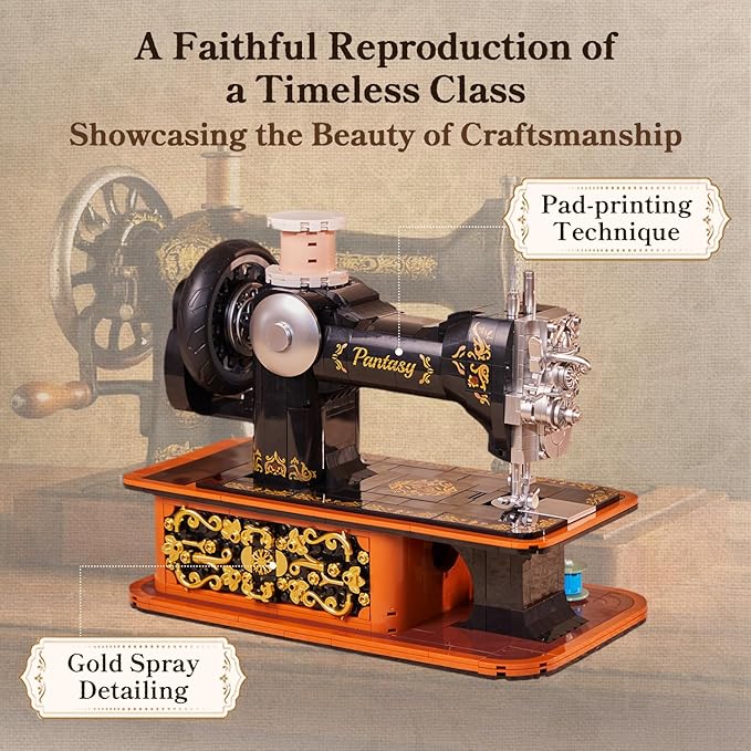 PANTASY Retro Building Set Vintage Hand Crank Sewing Machine Brick Model Collectible with Functional Gear Linkage Hidden Mini Tailor Shop Scene Adult Display and Desk Decor Gift
