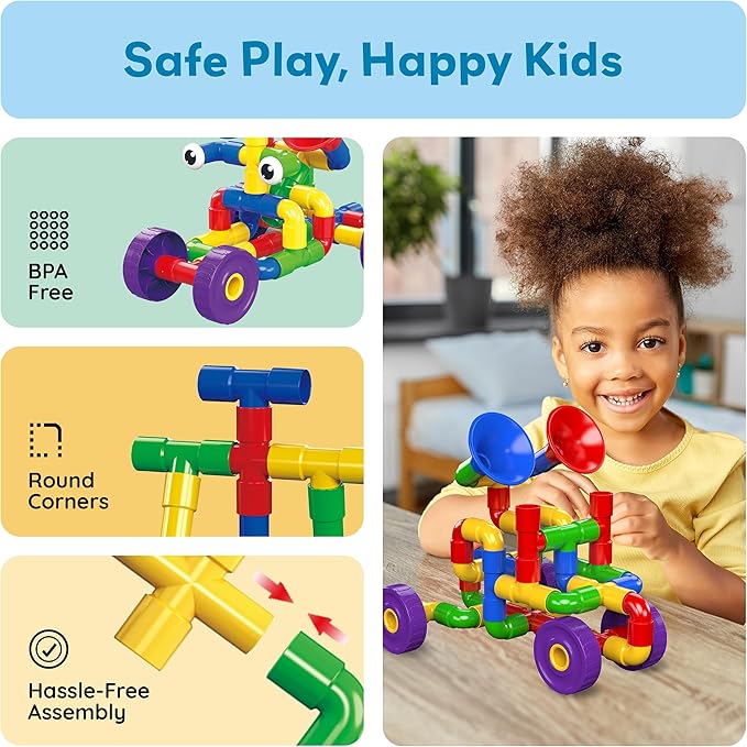 PicassoTiles PTT136 136pcs Tubular Pipes &amp Spout STEAM Interlocking Educational Building Block Set Tube Locks Pipeworks Construction Blocks w/Storage Container Box Idea Book Flute Musical Kit