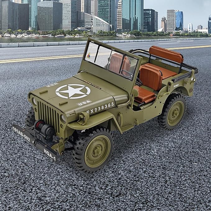 RC Crawler 1:14 Scale Willys Military Jeep 2.4Ghz 4WD Off Road Rock Crawler with 45° Climb Alloy Chassis/Drivetrain Dual-Speed Transmission Functional Winch LED for Adult (Green)