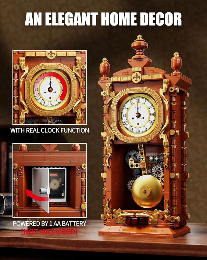 Vintage Pendulum Clock Building Block Set Stem Toy with Real Clock Function and Linkable Mechanical Pendulum Unique Home Decoration and Collectible for Adults&ampKids 6+