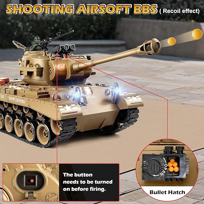 1:18 RC Tank 2.4G US M26 Pershing Remote Control Tank Model Toys That Shoot BBS Army Vehicle Toy with Smoke Lights Sound and RecoilMilitary RC Vehicle for Adults and Kids 6+ Years Old