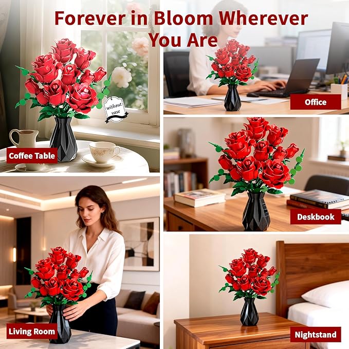 Red Rose Flower Bouquet Building Set Botanical Collection Kit Artificial Fake Flowers Blocks Home Table Decor Aesthetic for Valentine's Day Birthday DIY Craft Floral Gift Without Vase