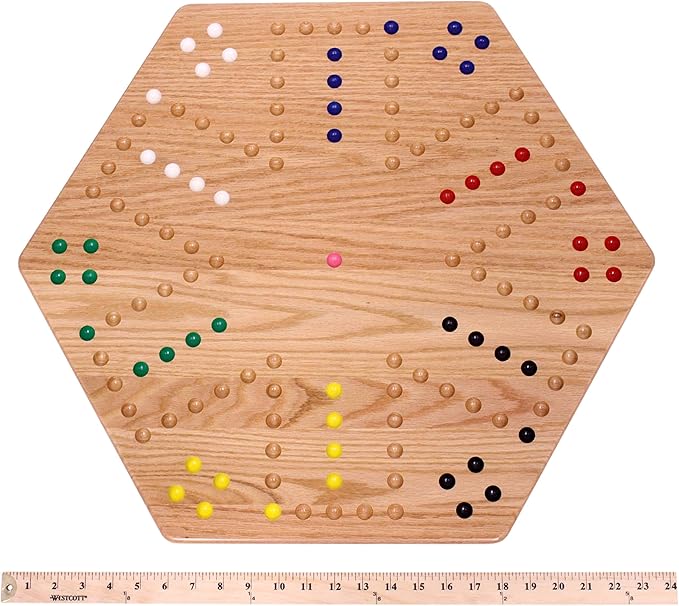 AmishToyBox.com Wahoo Wooden Marble Game Board Set - Large 24 Wide - Solid Oak Wood - Double-Sided - with Large 22mm Marbles and Dice Included