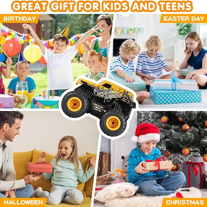 DYODYORC Remote Control Car 2.4Ghz All Terrain Monster Truck Toys RC Truck with Music 3 Lighting Effects 360 Stunt Capable 2 Batteries Ready to Run Toy Gifts for Boys and Girls (Yellow)