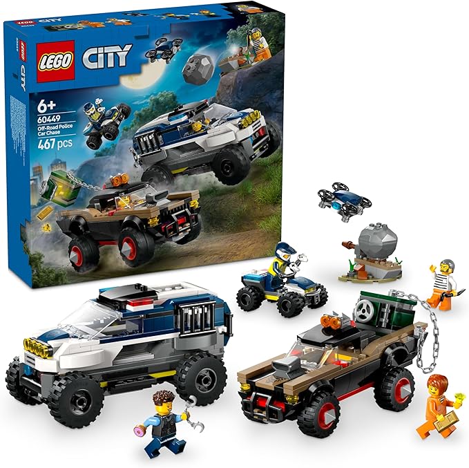 Lego tbd-60449 New title: LEGO City Off-Road Police Chase Action Set – Police SUV Crook Pickup Quad Bike &amp Drone | Kids Construction Toy - 60449