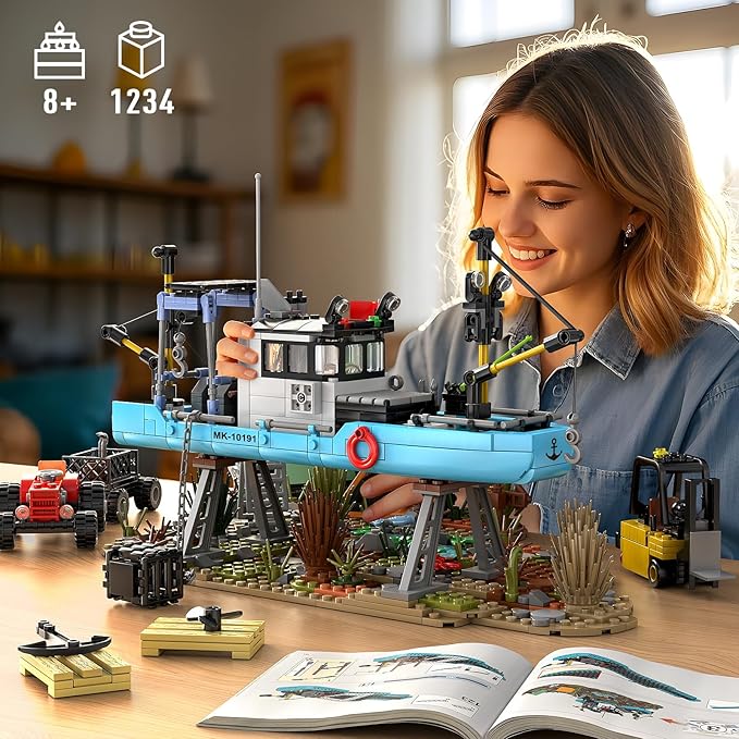 Mould King Seaside City Fishing Boat Building Set Creative Repair Yard with Ship Forklift and Camp DIY Construction Model Kit Idea Gift for Adults &amp Teens 14+ (1234PCS)