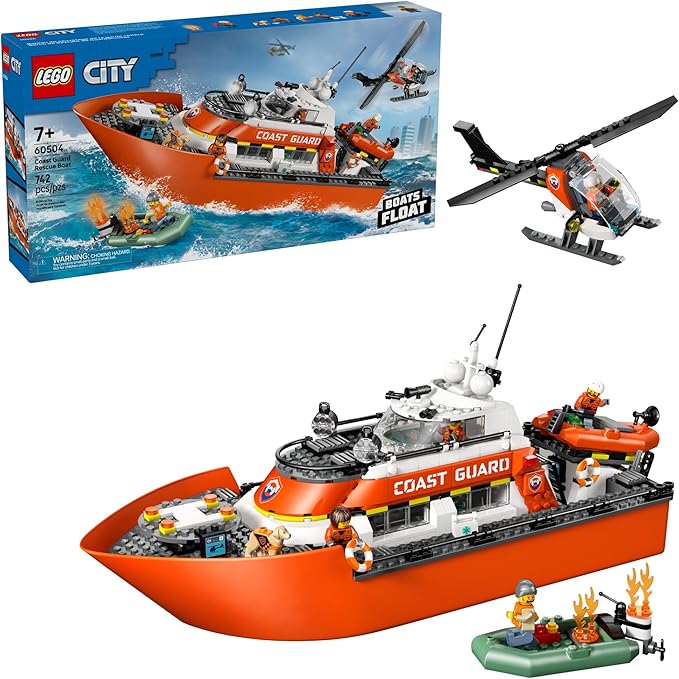 LEGO City Coast Guard Rescue Boat &amp Helicopter Building Toys - Kids Pretend Play Set for Boys &amp Girls Ages 7+ - W/2 Rescue Boat Toys 5 Minifigures &amp Dog Figure - Gift Idea for Birthdays