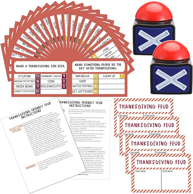 Syhood Thanksgiving Friendly Feud Card Game with 2 Answer Buzzers Friendsgiving Trivia Quiz Game for Family Party Night Activities for Adults Office Large Group and Team Building