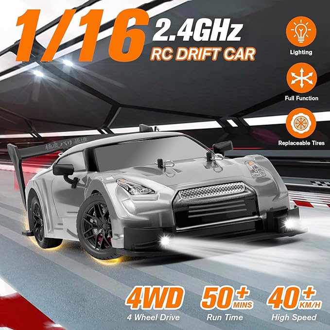RC Drift Car 1:16 Scale Drifting RC Cars 2.4GHz 4WD RC Race Car 40km/h High-Speed Remote Control Drift Car Vehicle Racing Sport Toy Easter Basket Stuffers Gift for Boys Girls Kids(Silver)