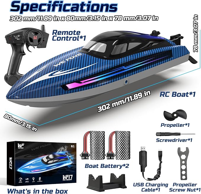 RC Boats for Adults Remote Control Boat for Pools and Lakes WF17 25+ KMH Fast RC Speed Boat with 7 LED Light Modes for Kids 8-12 Summer Toys for Boys Girls 2 Batteries for 30-40 Mins Blue
