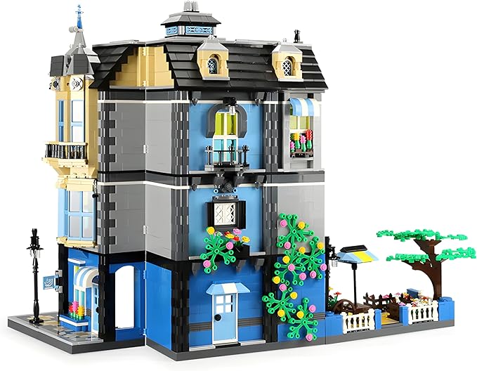 General Jim's 3-Story Victorian Townhouse &amp Garden Coffee Shop 2313-Piece Blue &amp Yellow Modular Building Blocks Set - MOC City Buildings - Great Gift for Brick Building Enthusiasts