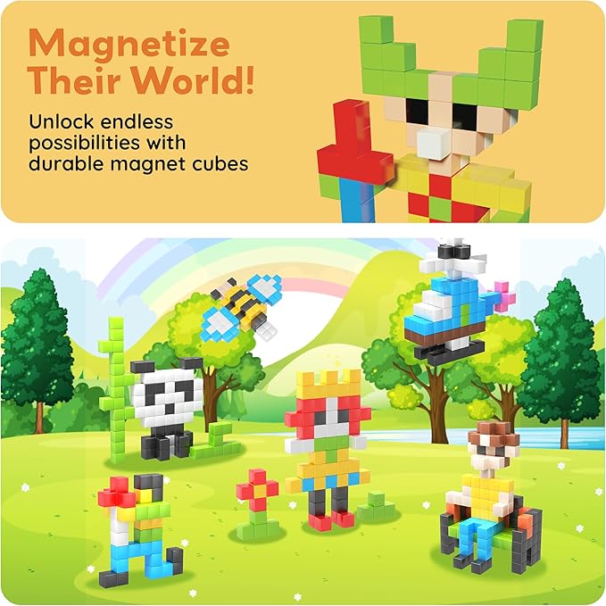 PicassoTiles 102pcs Pixel Magnetic Puzzle Cube 1” Pixel Mix &amp Match Toys with Ideabook STEM Education Learning Building Block Magnets Construction ToySet Stacking Creative Kit for Kids Age 3+ PMC1