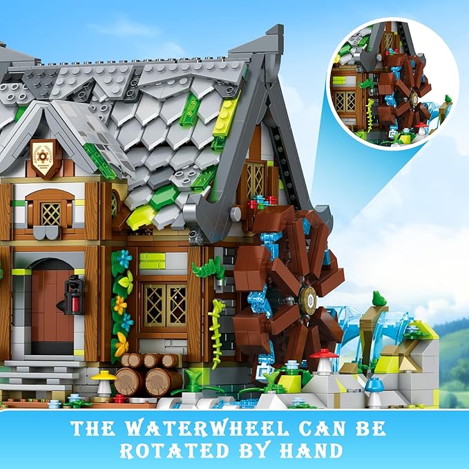 Reobrix Medieval Building Set for Adults– Watermill Cabin1873 PCS Medieval House with Rotating Water Wheel Architecture Collectible Building Bricks Kit for Adults and Medieval Village Fans