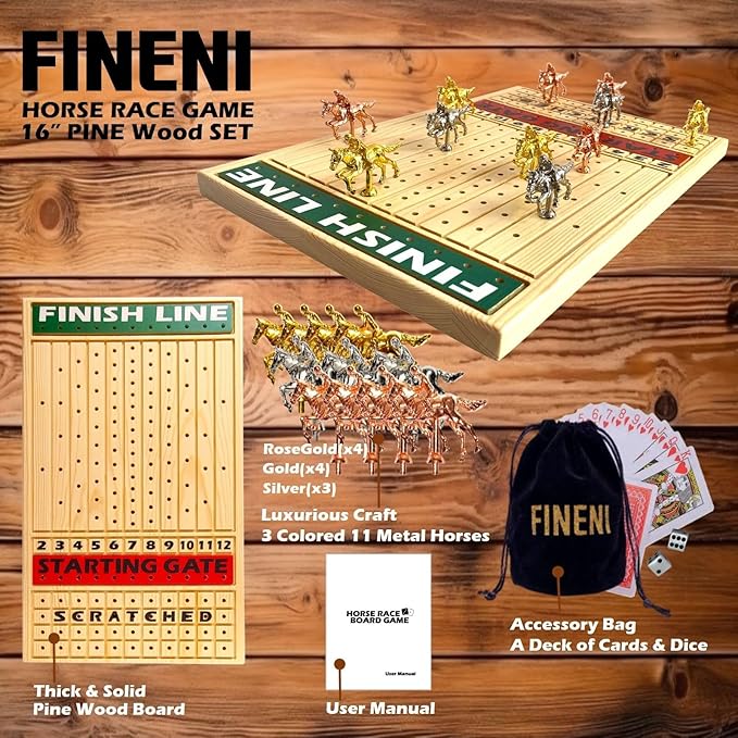 Racing Game for Adults With 11 Luxurious Metal Horses (Silver Black Rose Gold) 16 Pine Wood Race Game Board Dice &amp Card Included (Log Color)
