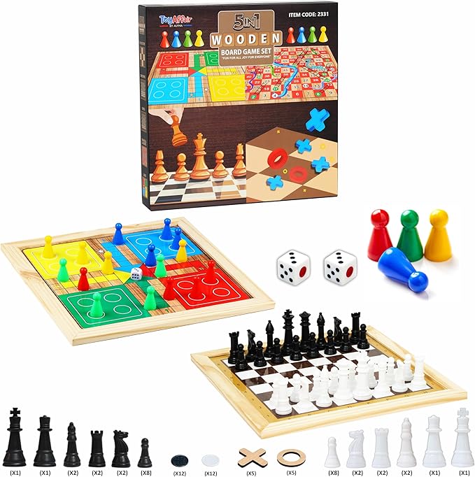 Ankit Toys &amp Games 5-in-1 Wooden Board Game Set Includes Ludo Snakes &amp Ladders Chess Checkers and Tic Tac Toe. Portable Fun for Kids Adults and Family Game Nights | 2 Reversible Boards