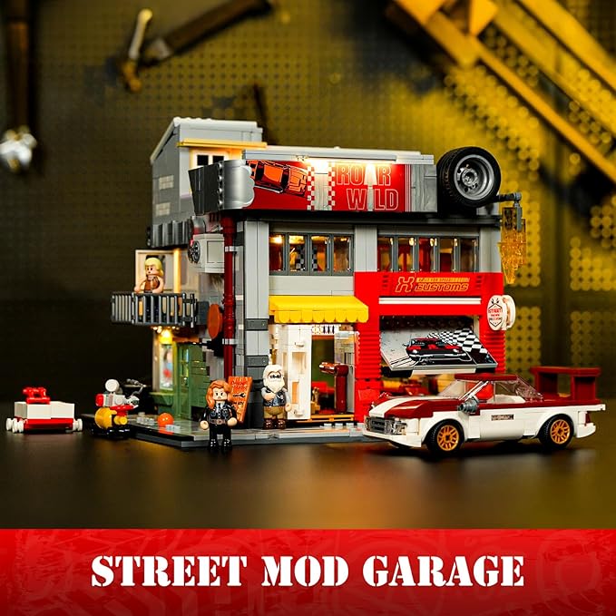 Street MOD Garage Lighting Building Bricks Set - Street Fusion City Car Modification Shop Modular Building Collection Kit 1935 Pcs for Adults &amp Teen &amp Car Lovers