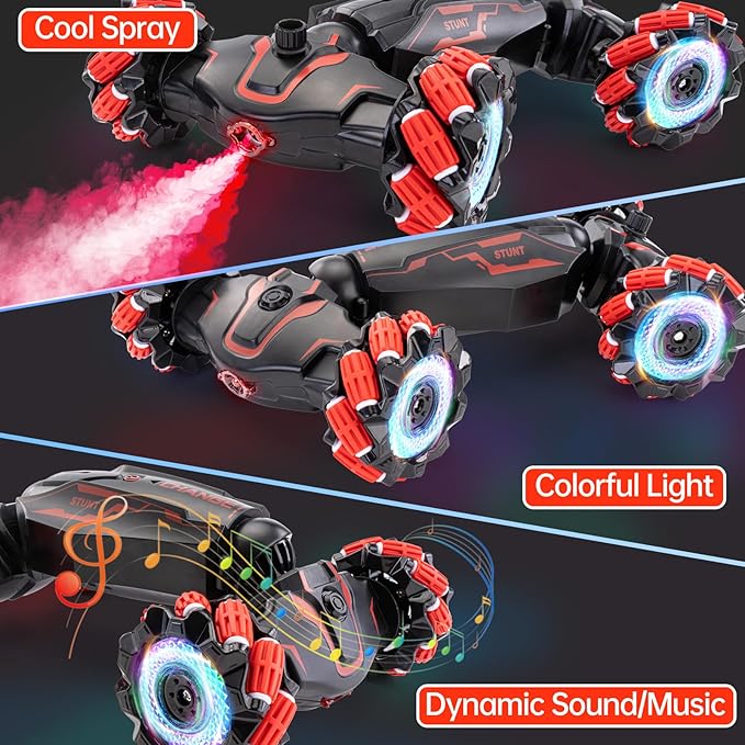 Gesture Sensing RC Stunt Car 2.4 GHz 4WD Remote Control Car 360° Rotate Transform Off-Road Drift RC Cars with Cool Lights Music Ideal Presents for Boys Girls for Birthday (Red)