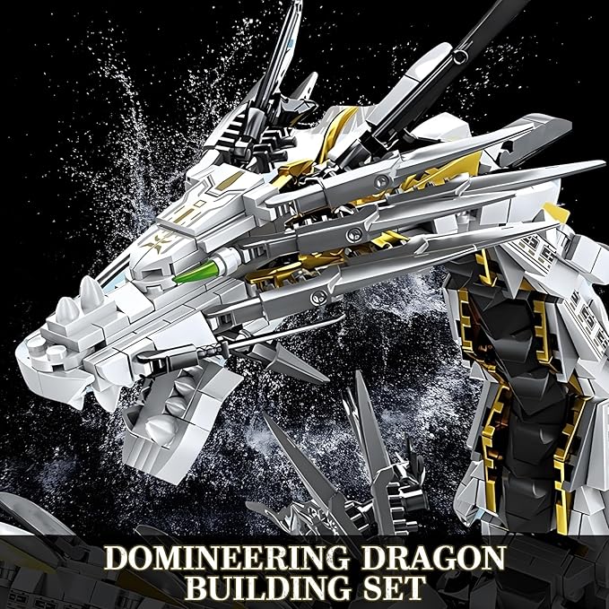 HIGH GODO Dragon Building Blocks Sets for Adults White Mechanical Dragon Animal Building Model Collectible Display Toys Cool Creative Gifts for Teens Fans (1485 Pieces)