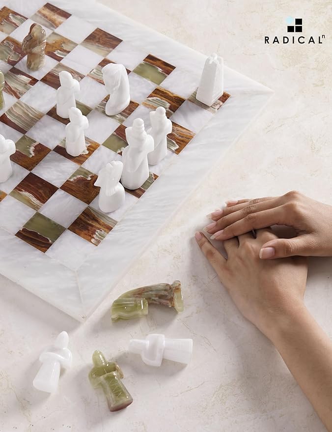 Radicaln Marble Antique Chess Set 15 Inches White and Green Handmade Chess Sets for Adults -1 Chess Board &amp 32 Chess Pieces - Board Chess Game 2 Player