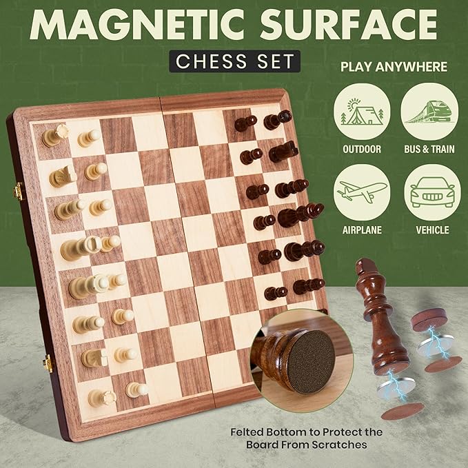 15'' 2 in 1 Wooden Magnetic chess and checkers set (2 Extra Queens Foldable Chess set &amp Cotton Storage Bag) Magnetic Chess Sets for Adults with Color Gift Box Handmade Checkers Board Game