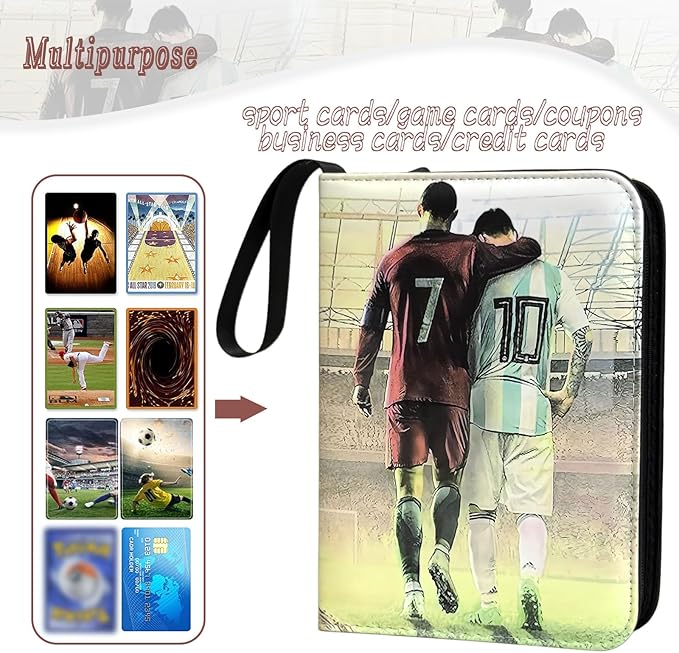 Soccer Card Binder - 900 Capacity 9-Pocket Trading Card Album 3 Ring Card Holder Binder Waterproof PU Leather Zip Closure Perfect Christmas Birthday Gift for Kids &amp Collectors