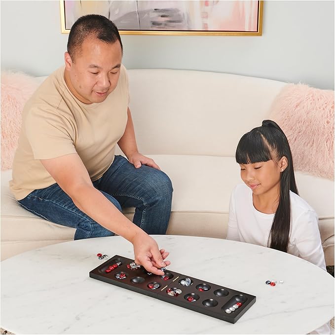 Spin Master Games Legacy Deluxe Mancala Classic Game with Folding Wooden Board &amp Colorful Glass Stones Family Game for Ages 8 &amp Up
